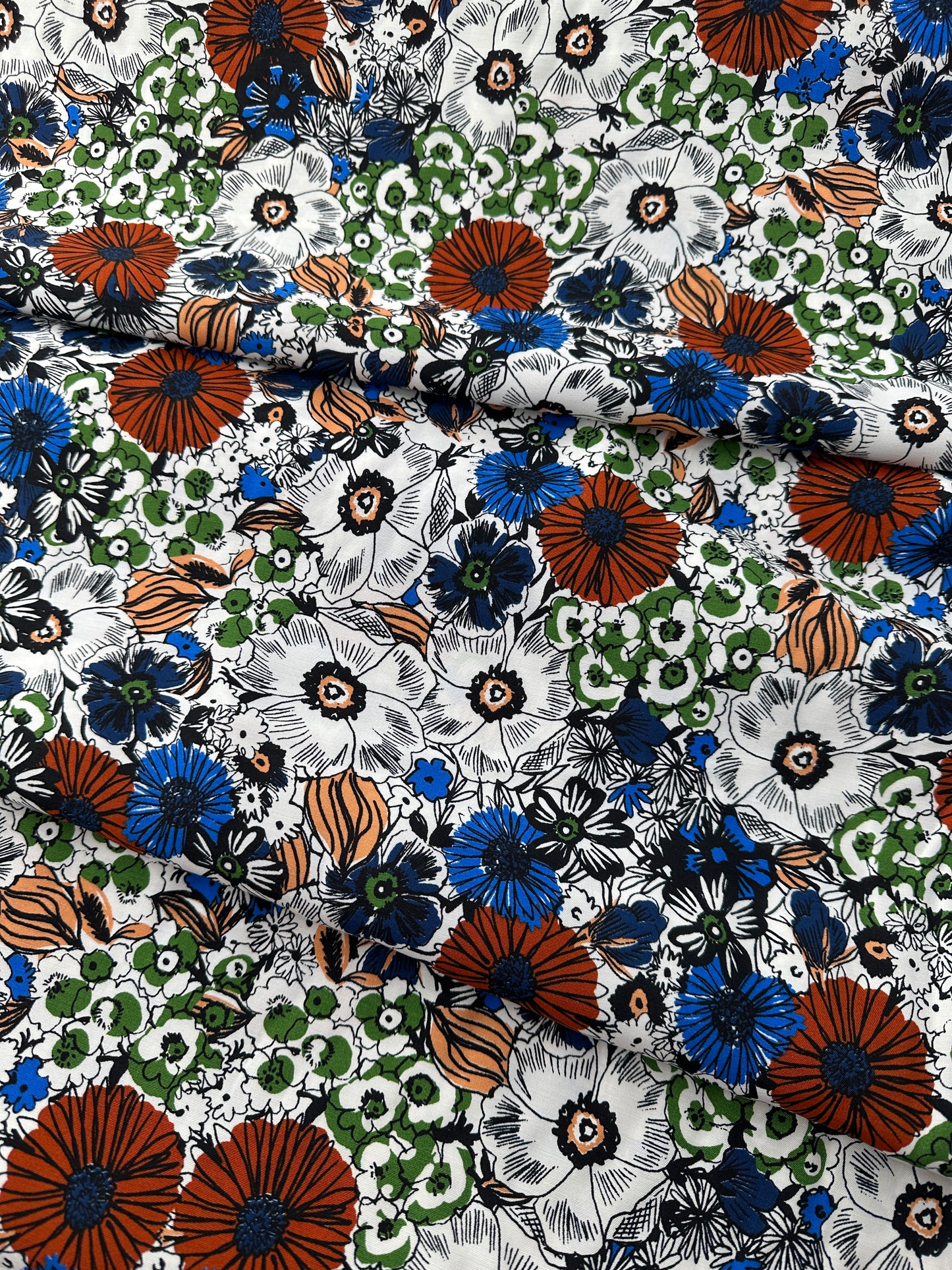Italian Viscose Sheeting, Sketch Bloom Print, White Ground
