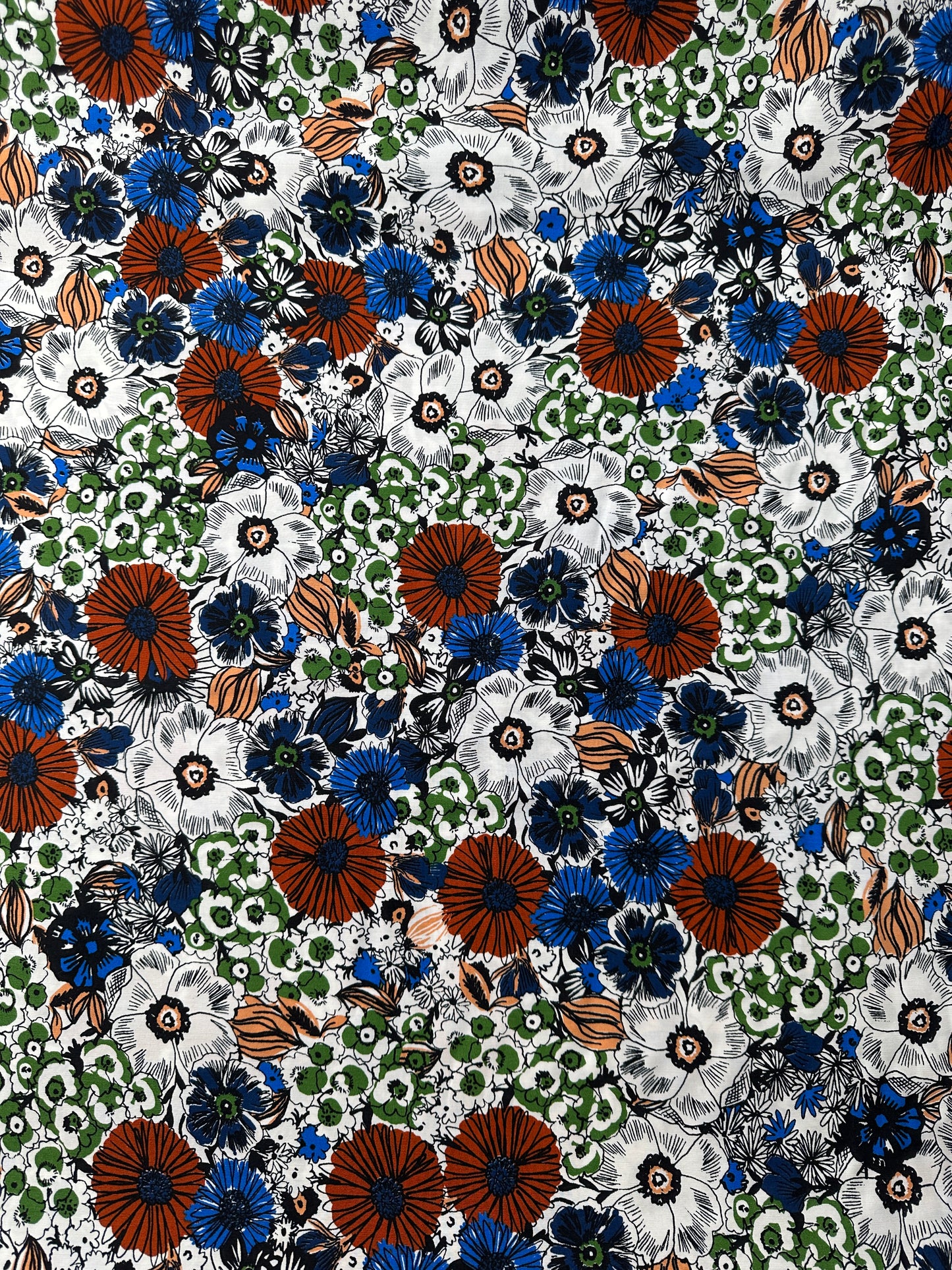 Italian Viscose Sheeting, Sketch Bloom Print, White Ground