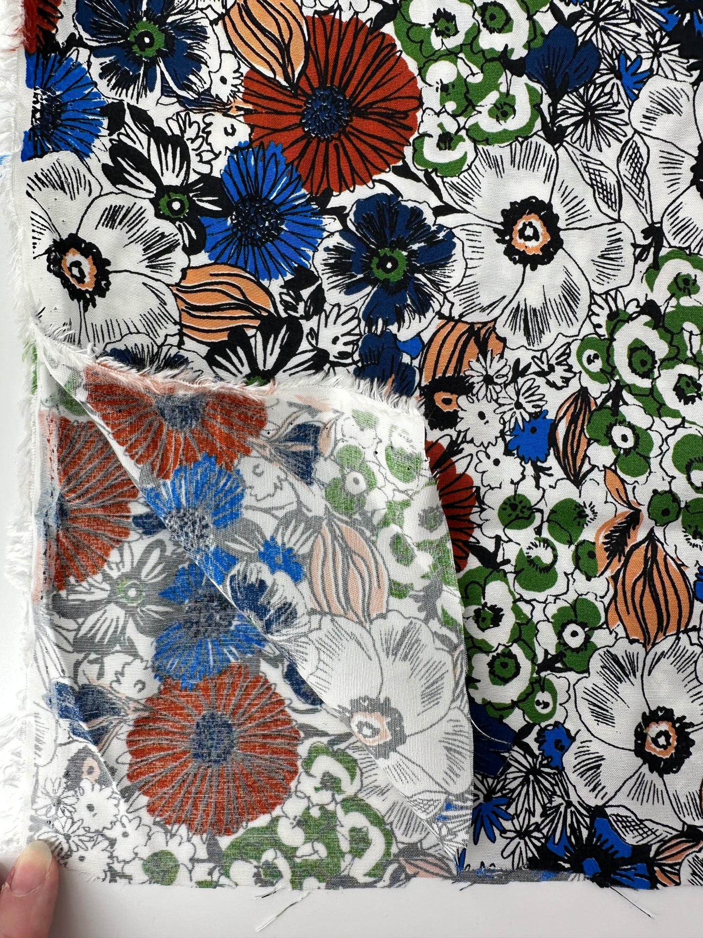 Italian Viscose Sheeting, Sketch Bloom Print, White Ground