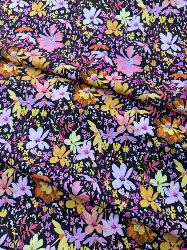 Italian Viscose Sheeting, Scattered Meadow Flowers Print, Chocolate/Pink/Yellow