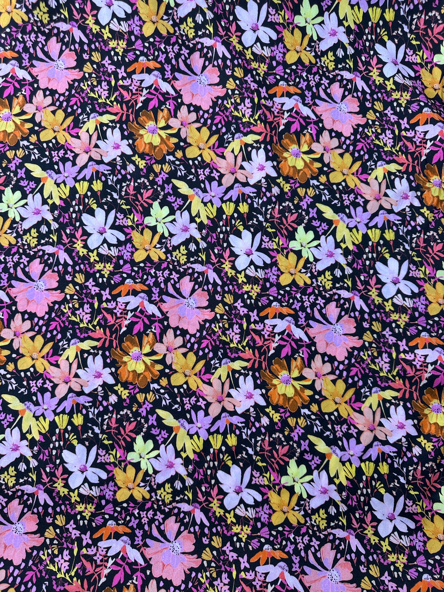 Italian Viscose Sheeting, Scattered Meadow Flowers Print, Chocolate/Pink/Yellow