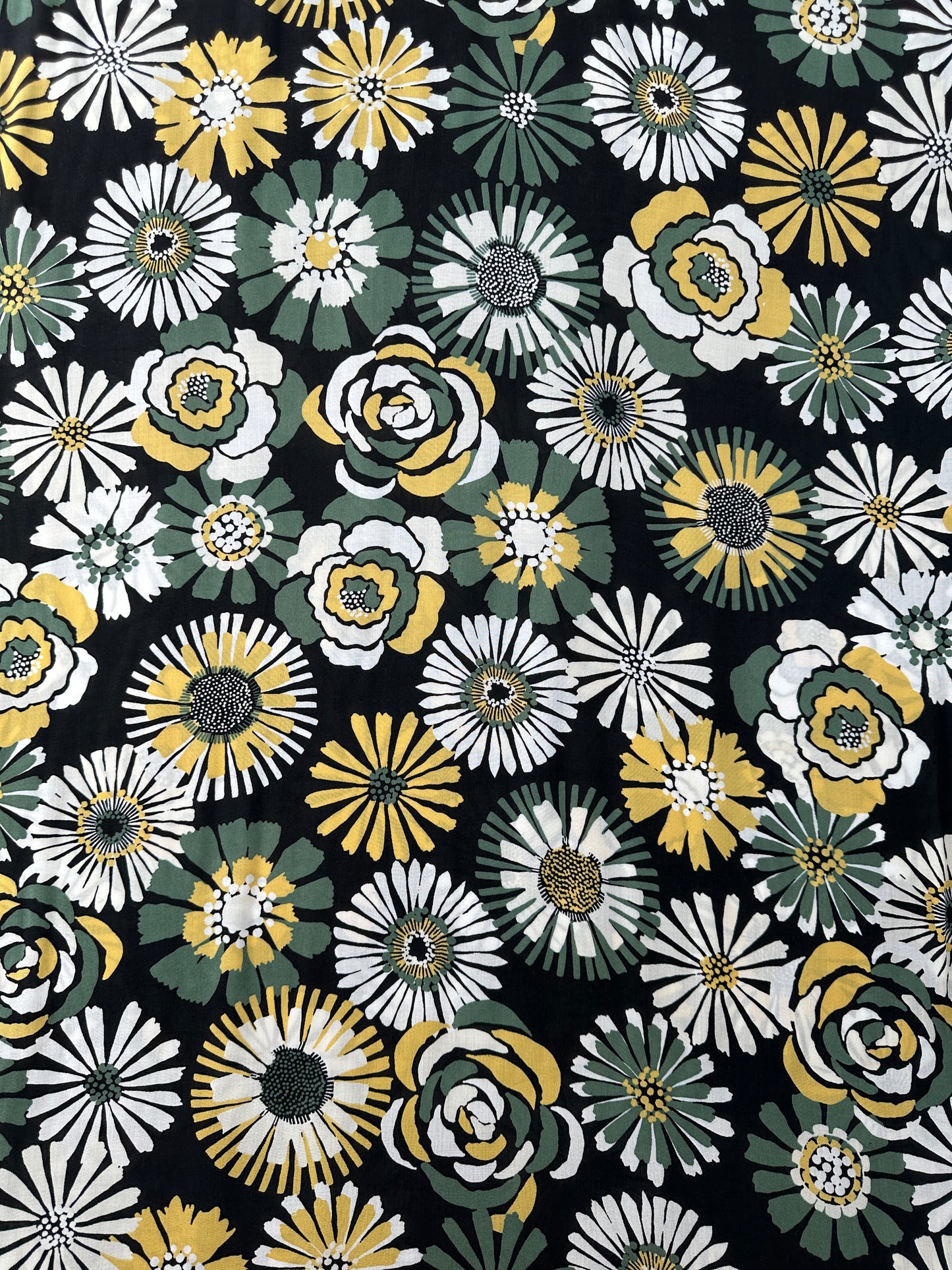 Italian Viscose Sheeting, Big Blooms Print, Black/White/Green/Yellow