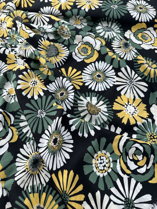 Italian Viscose Sheeting, Big Blooms Print, Black/White/Green/Yellow
