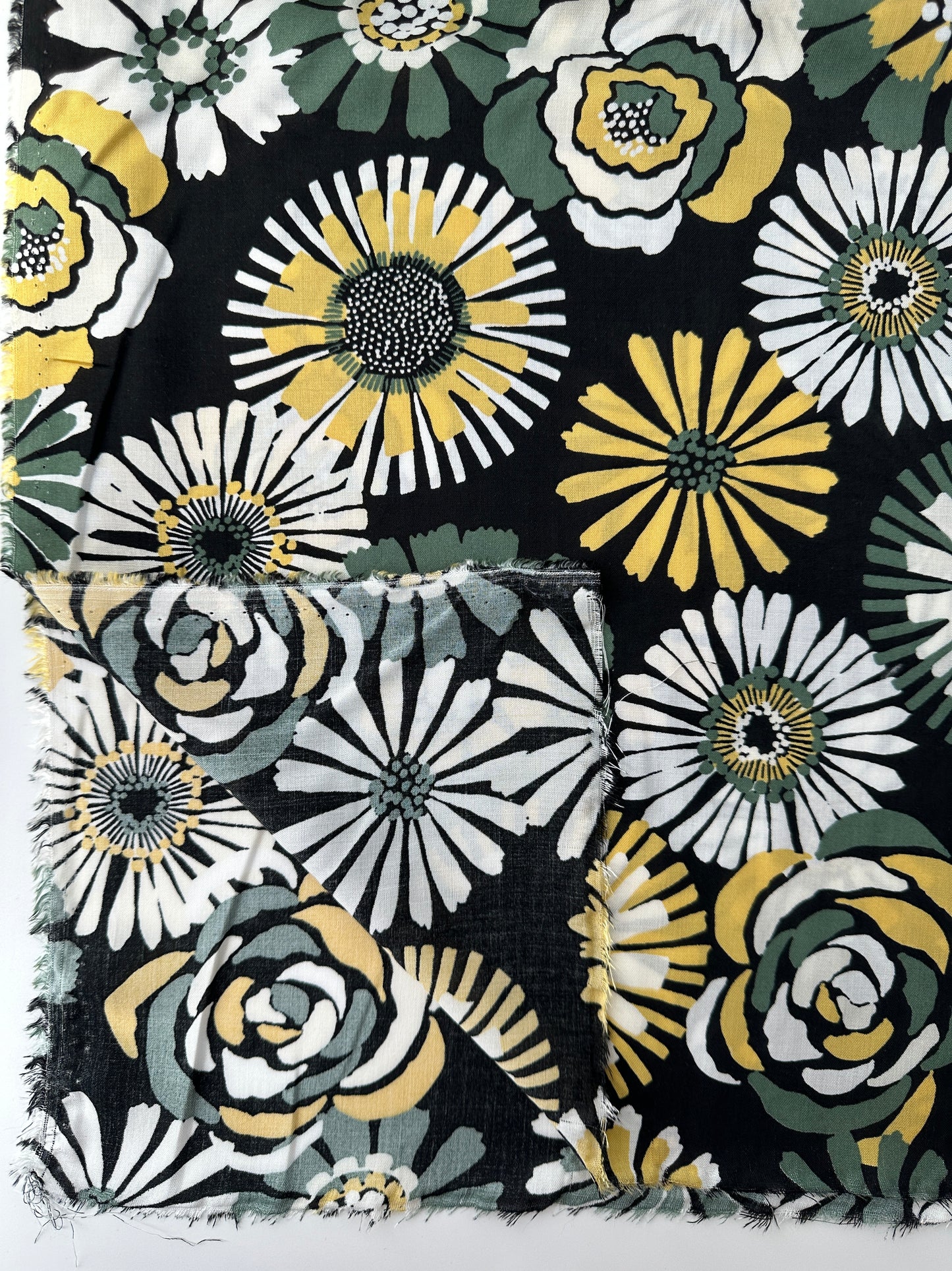 Italian Viscose Sheeting, Big Blooms Print, Black/White/Green/Yellow