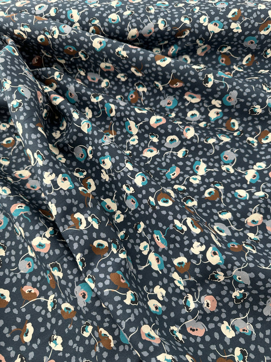 Italian Cotton Poplin, Scattered Tulip Print, Navy