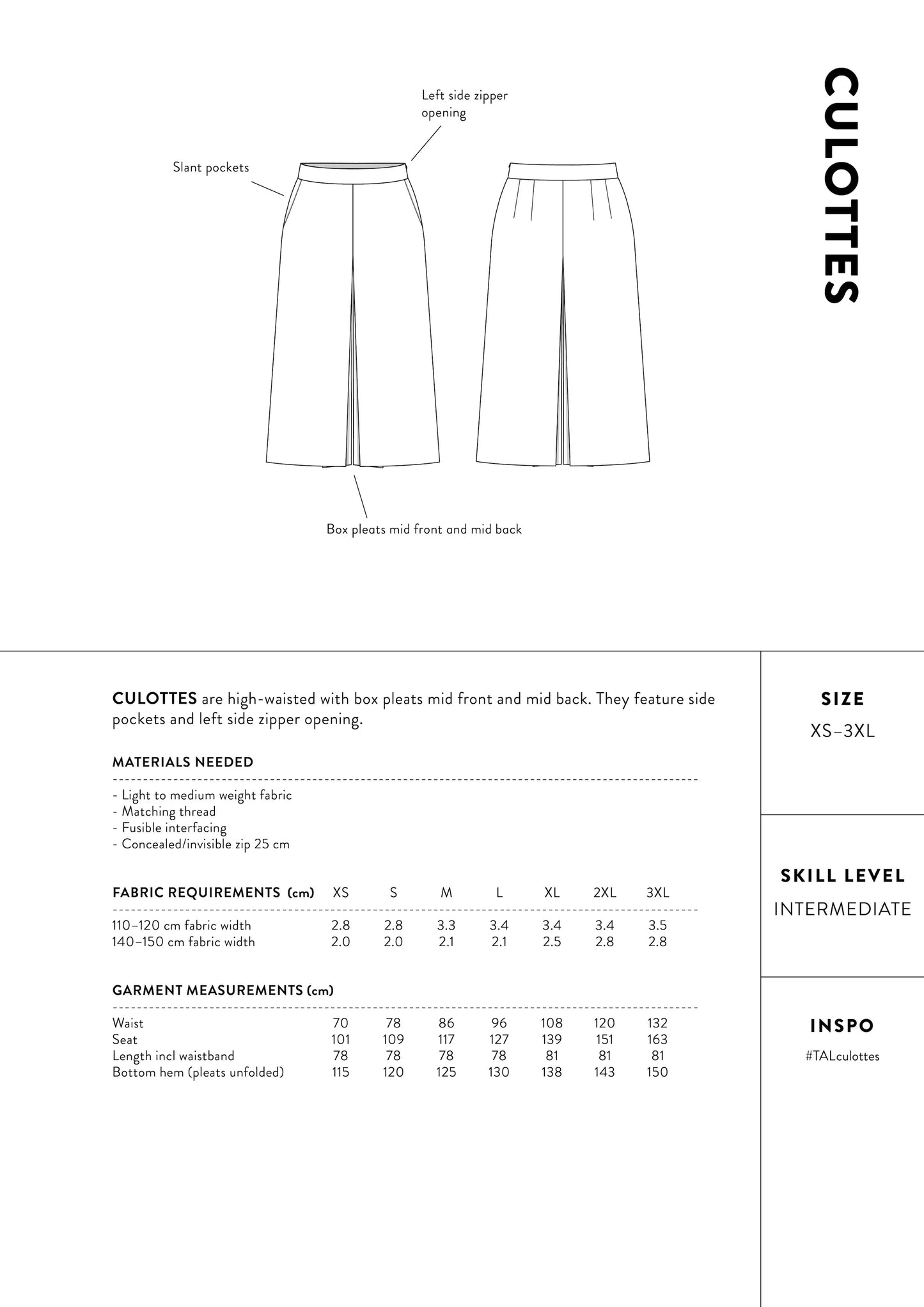 The Assembly Line Culottes, Size XS-3XL