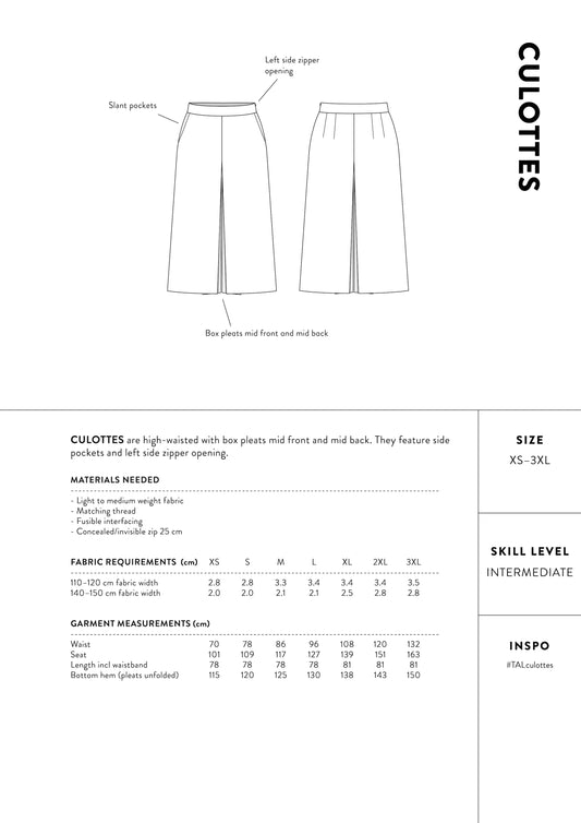 The Assembly Line Culottes, Size XS-3XL
