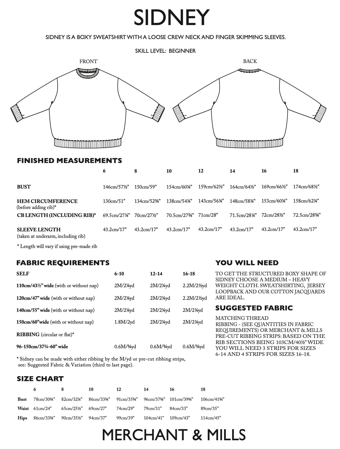 Merchant & Mills, Sidney Sweatshirt UK Size 6-18