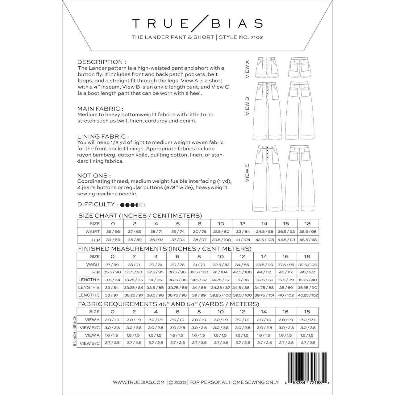 True Bias Lander Pant & Short, sizes 0-18