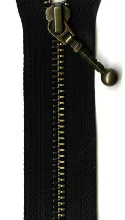 Antique Brass 1-Way Separating Zipper, Black, 22"