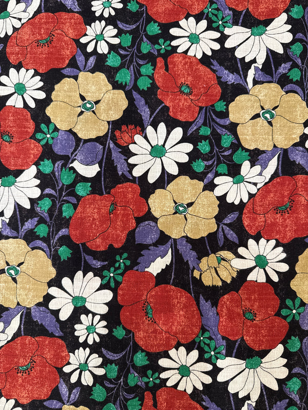 KOKKA Cotton Dobby, Sopo Retro Vintage Floral Peonies & Daisies  - Black
