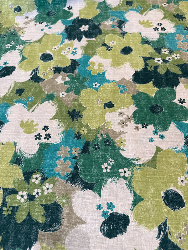 KOKKA Cotton Dobby, Sopo Retro Vintage Floral Watercolor  - Turquoise/Leaf Green